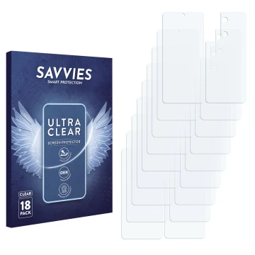 Vorderseite einer Produktverpackung mit dem Markenlogo Savvies. Daneben ist der zugehörige Displayschutz.