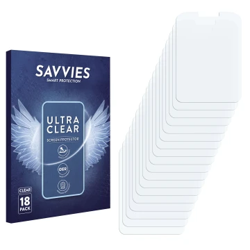 Vorderseite einer Produktverpackung mit dem Markenlogo Savvies. Daneben ist der zugehörige Displayschutz.