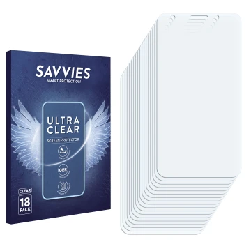 Vorderseite einer Produktverpackung mit dem Markenlogo Savvies. Daneben ist der zugehörige Displayschutz.