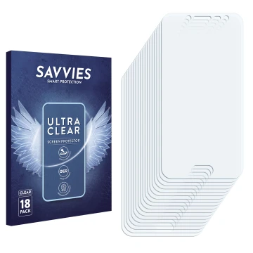 Vorderseite einer Produktverpackung mit dem Markenlogo Savvies. Daneben ist der zugehörige Displayschutz.