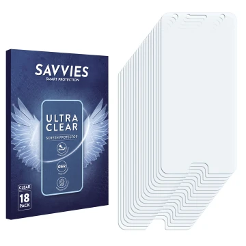 Vorderseite einer Produktverpackung mit dem Markenlogo Savvies. Daneben ist der zugehörige Displayschutz.