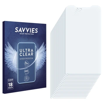 Vorderseite einer Produktverpackung mit dem Markenlogo Savvies. Daneben ist der zugehörige Displayschutz.