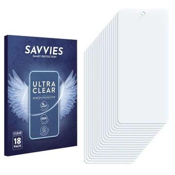 Vorderseite einer Produktverpackung mit dem Markenlogo Savvies. Daneben ist der zugehörige Displayschutz.