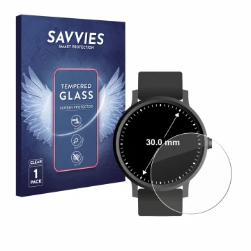 Vorderseite einer Produktverpackung mit dem Markenlogo Savvies. Daneben ist das Gerät Armbanduhren (Kreisrund, ø: 30 mm) mit d
