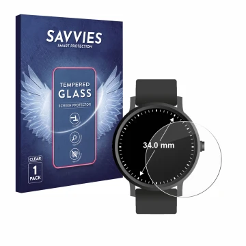 Vorderseite einer Produktverpackung mit dem Markenlogo Savvies. Daneben ist das Gerät Armbanduhren (Kreisrund, ø: 34 mm) mit d