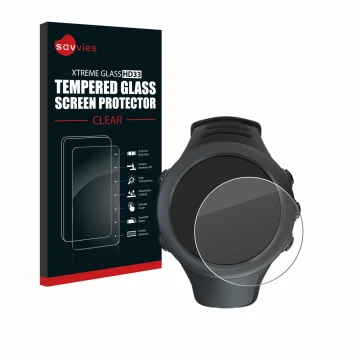 Vorderseite einer Produktverpackung mit dem Markenlogo Savvies. Daneben ist das Gerät Suunto Ambit3 Sport Black mit dem zugehö