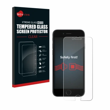 Vorderseite einer Produktverpackung mit dem Markenlogo Savvies. Daneben ist das Gerät Apple iPhone 6 mit dem zugehörigen Displ