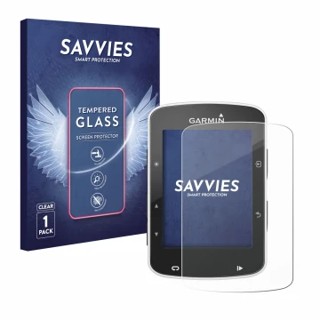 Vorderseite einer Produktverpackung mit dem Markenlogo Savvies. Daneben ist das Gerät Garmin Edge 520 mit dem zugehörigen Disp