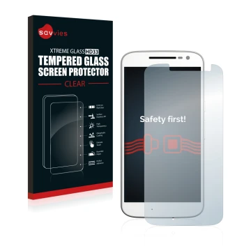 Vorderseite einer Produktverpackung mit dem Markenlogo Savvies. Daneben ist das Gerät Motorola Moto G4 mit dem zugehörigen Dis