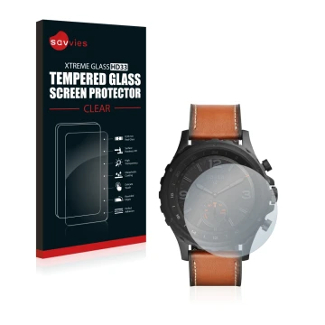 Vorderseite einer Produktverpackung mit dem Markenlogo Savvies. Daneben ist das Gerät Fossil Q Nate mit dem zugehörigen Displa