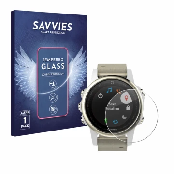 Vorderseite einer Produktverpackung mit dem Markenlogo Savvies. Daneben ist das Gerät Garmin Fenix 5S (42 mm) mit dem zugehöri