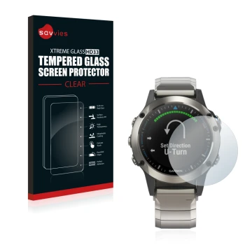 Vorderseite einer Produktverpackung mit dem Markenlogo Savvies. Daneben ist das Gerät Garmin quatix 5 mit dem zugehörigen Disp