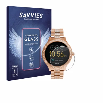 Vorderseite einer Produktverpackung mit dem Markenlogo Savvies. Daneben ist das Gerät Fossil Q Venture mit dem zugehörigen Dis