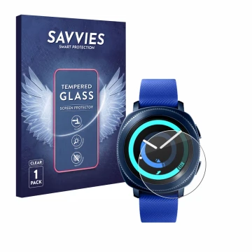 Vorderseite einer Produktverpackung mit dem Markenlogo Savvies. Daneben ist das Gerät Samsung Gear Sport mit dem zugehörigen D