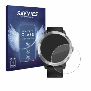 Vorderseite einer Produktverpackung mit dem Markenlogo Savvies. Daneben ist das Gerät Garmin vivoactive 3 mit dem zugehörigen 