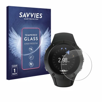 Vorderseite einer Produktverpackung mit dem Markenlogo Savvies. Daneben ist das Gerät Suunto Spartan Trainer Wrist HR mit dem 