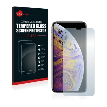 Vorderseite einer Produktverpackung mit dem Markenlogo Savvies. Daneben ist das Gerät Apple iPhone Xs Max mit dem zugehörigen 