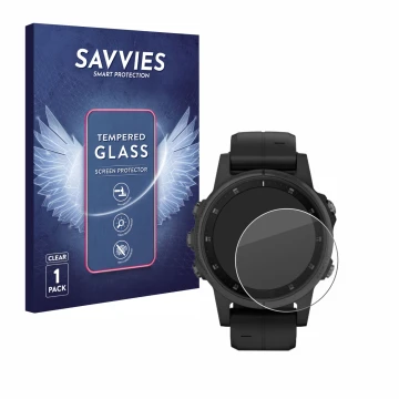 Vorderseite einer Produktverpackung mit dem Markenlogo Savvies. Daneben ist das Gerät Garmin Fenix 5S Plus (42 mm) mit dem zug