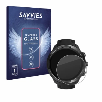 Vorderseite einer Produktverpackung mit dem Markenlogo Savvies. Daneben ist das Gerät Suunto 9 mit dem zugehörigen Displayschu