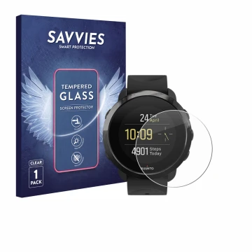 Vorderseite einer Produktverpackung mit dem Markenlogo Savvies. Daneben ist das Gerät Suunto 3 Fitness mit dem zugehörigen Dis