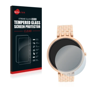 Vorderseite einer Produktverpackung mit dem Markenlogo Savvies. Daneben ist das Gerät Xlyne X-Watch Siona XW Fit mit dem zugeh