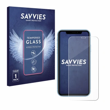 Vorderseite einer Produktverpackung mit dem Markenlogo Savvies. Daneben ist das Gerät Apple iPhone XR mit dem zugehörigen Disp