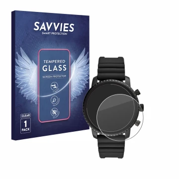 Vorderseite einer Produktverpackung mit dem Markenlogo Savvies. Daneben ist das Gerät Fossil Q Explorist HR (4.Gen) mit dem zu