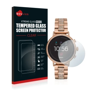 Vorderseite einer Produktverpackung mit dem Markenlogo Savvies. Daneben ist das Gerät Fossil Q Venture HR (4.Gen) mit dem zuge