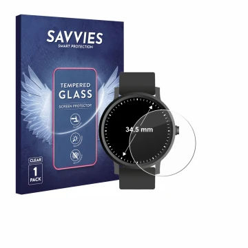 Vorderseite einer Produktverpackung mit dem Markenlogo Savvies. Daneben ist das Gerät Armbanduhren (Kreisrund, ø: 34.5 mm) mit