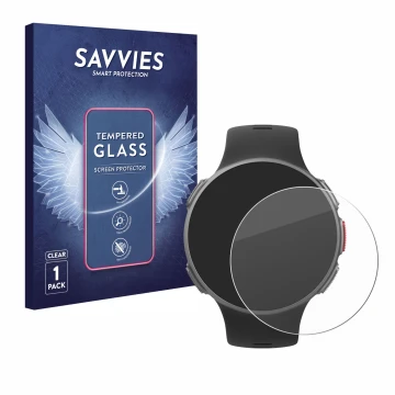 Vorderseite einer Produktverpackung mit dem Markenlogo Savvies. Daneben ist das Gerät Polar Vantage V mit dem zugehörigen Disp