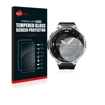 Vorderseite einer Produktverpackung mit dem Markenlogo Savvies. Daneben ist das Gerät Casio Pro Trek Smart WSD-F20 mit dem zug