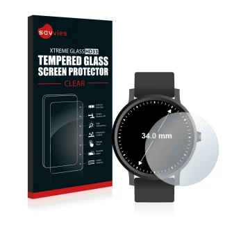 Vorderseite einer Produktverpackung mit dem Markenlogo Savvies. Daneben ist das Gerät Kreisrunde Displays (ø: 34 mm) mit dem z