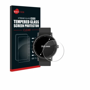 Vorderseite einer Produktverpackung mit dem Markenlogo Savvies. Daneben ist das Gerät Kreisrunde Displays (ø: 35 mm) mit dem z