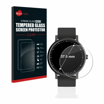 Vorderseite einer Produktverpackung mit dem Markenlogo Savvies. Daneben ist das Gerät Kreisrunde Displays (ø: 37 mm) mit dem z