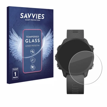 Vorderseite einer Produktverpackung mit dem Markenlogo Savvies. Daneben ist das Gerät Garmin Forerunner 245 Music mit dem zuge