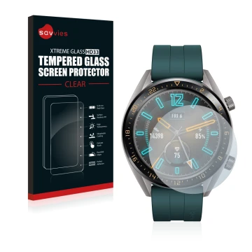 Vorderseite einer Produktverpackung mit dem Markenlogo Savvies. Daneben ist das Gerät Huawei Watch GT Active mit dem zugehörig
