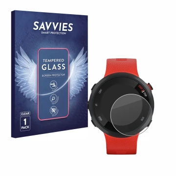 Vorderseite einer Produktverpackung mit dem Markenlogo Savvies. Daneben ist das Gerät Garmin Forerunner 45 mit dem zugehörigen