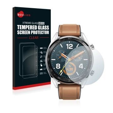 Vorderseite einer Produktverpackung mit dem Markenlogo Savvies. Daneben ist das Gerät Huawei Watch GT Classic mit dem zugehöri