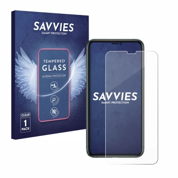 Vorderseite einer Produktverpackung mit dem Markenlogo Savvies. Daneben ist das Gerät Apple iPhone 11 Pro Max mit dem zugehöri