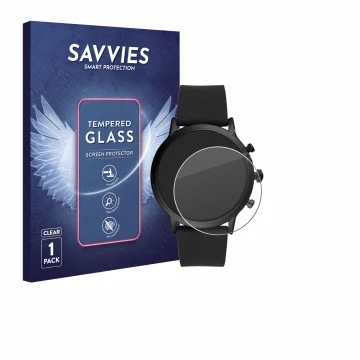 Vorderseite einer Produktverpackung mit dem Markenlogo Savvies. Daneben ist das Gerät Fossil The Carlyle HR (5.Gen) mit dem zu