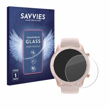 Vorderseite einer Produktverpackung mit dem Markenlogo Savvies. Daneben ist das Gerät Huami Amazfit GTR (42 mm) mit dem zugehö
