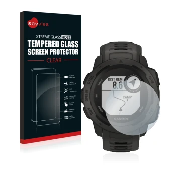 Vorderseite einer Produktverpackung mit dem Markenlogo Savvies. Daneben ist das Gerät Garmin Instinct Tactical Edition mit dem