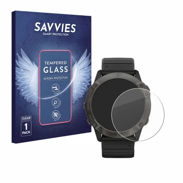 Vorderseite einer Produktverpackung mit dem Markenlogo Savvies. Daneben ist das Gerät Garmin Fenix 6X Pro mit dem zugehörigen 