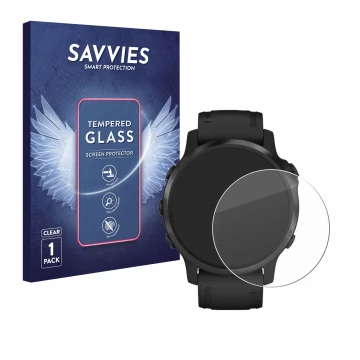Vorderseite einer Produktverpackung mit dem Markenlogo Savvies. Daneben ist das Gerät Garmin Fenix 6S Pro mit dem zugehörigen 