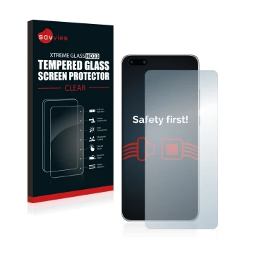 Vorderseite einer Produktverpackung mit dem Markenlogo Savvies. Daneben ist das Gerät Huawei P40 mit dem zugehörigen Displaysc