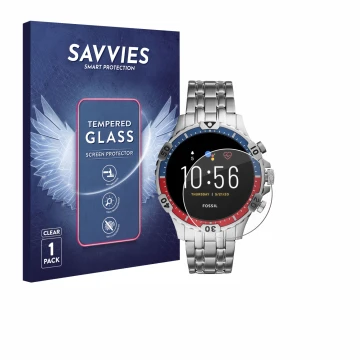 Vorderseite einer Produktverpackung mit dem Markenlogo Savvies. Daneben ist das Gerät Fossil Garrett HR (5. Gen) mit dem zugeh