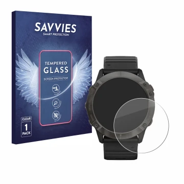 Vorderseite einer Produktverpackung mit dem Markenlogo Savvies. Daneben ist das Gerät Garmin Fenix 6X Pro Solar mit dem zugehö