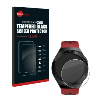 Vorderseite einer Produktverpackung mit dem Markenlogo Savvies. Daneben ist das Gerät Huawei Watch GT 2e mit dem zugehörigen D