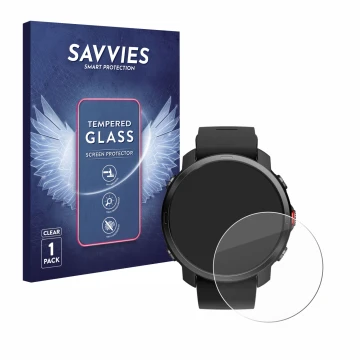 Vorderseite einer Produktverpackung mit dem Markenlogo Savvies. Daneben ist das Gerät Polar Grit X mit dem zugehörigen Display