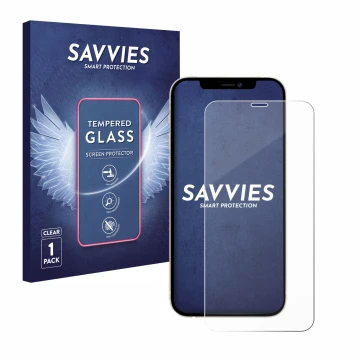 Vorderseite einer Produktverpackung mit dem Markenlogo Savvies. Daneben ist das Gerät Apple iPhone 12 Pro mit dem zugehörigen 
